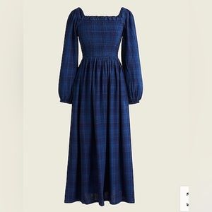 J. Crew smocked puff sleeve plaid dress in indigo. XS. Worn once.